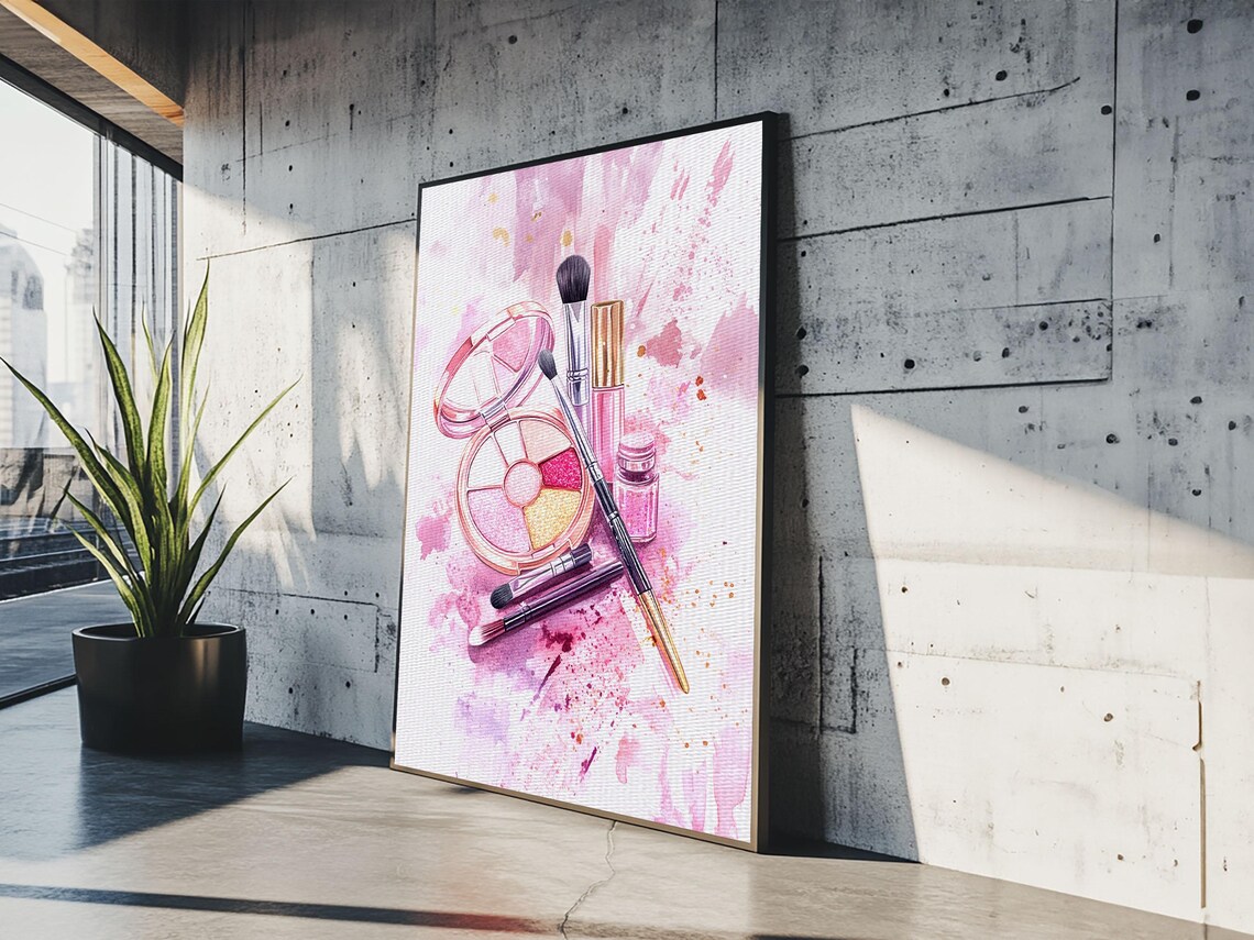 Pink Makeup Set Eyeshadow Brushes Watercolor Art Print Vanity Wall Poster - Image 3