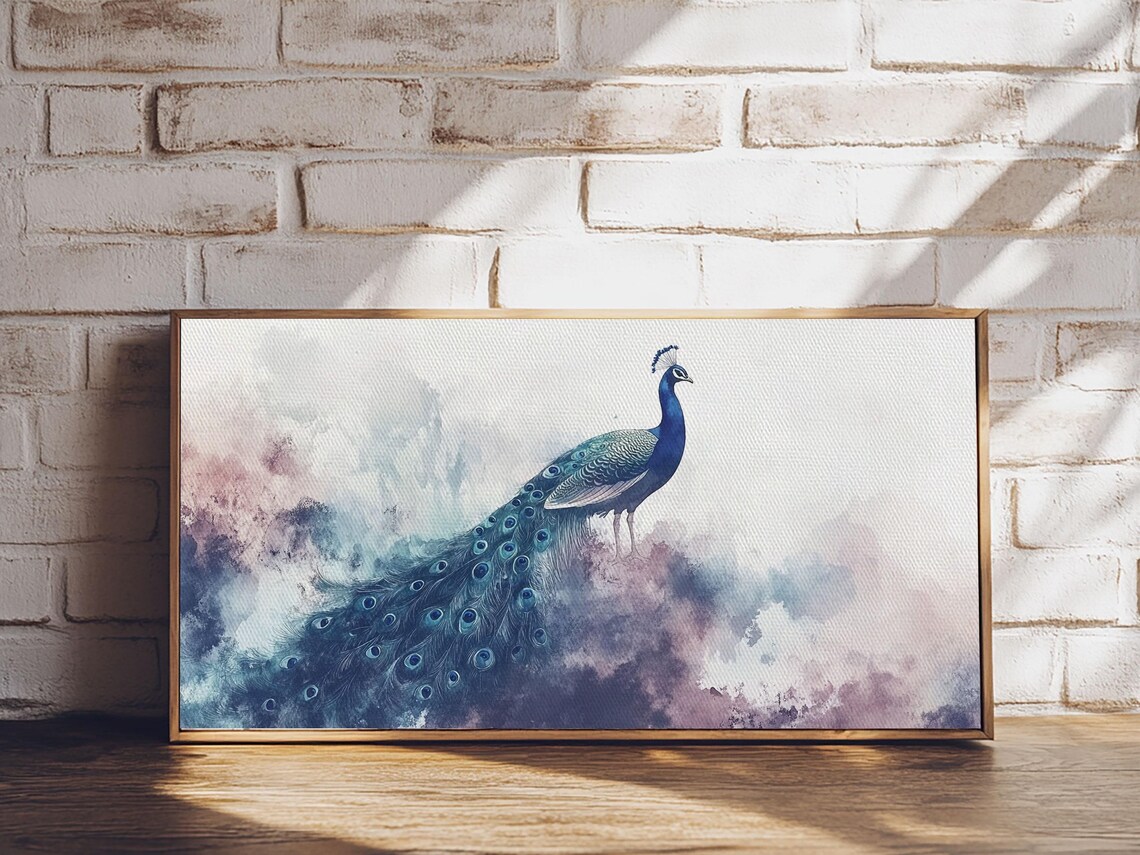 Peacock Watercolor Misty Blue Purple Elegant Wildlife Wall Art Poster - Image 5
