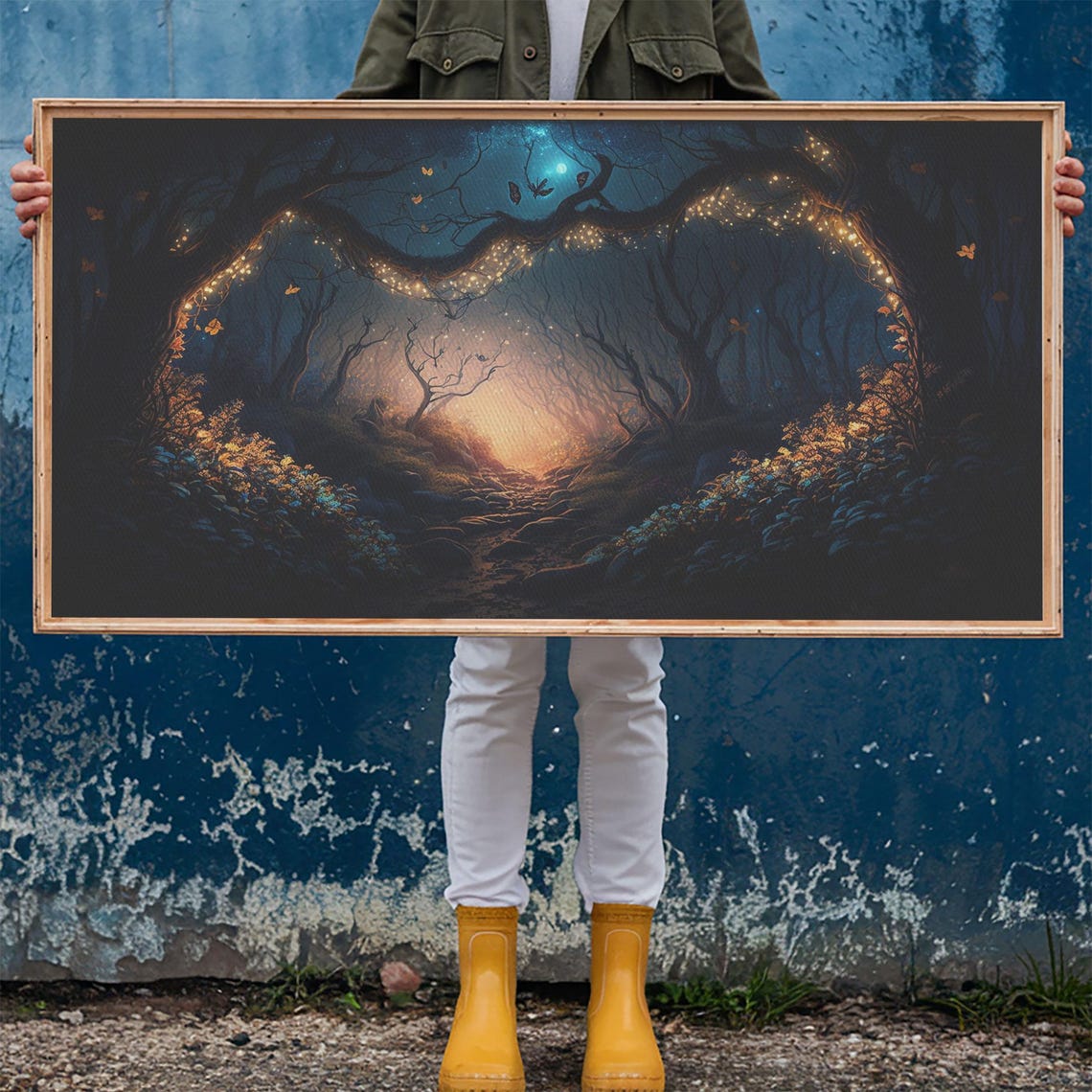Moonlit Forest Glowing Firefly Tree Arches Misty Night Path Poster - Image 6