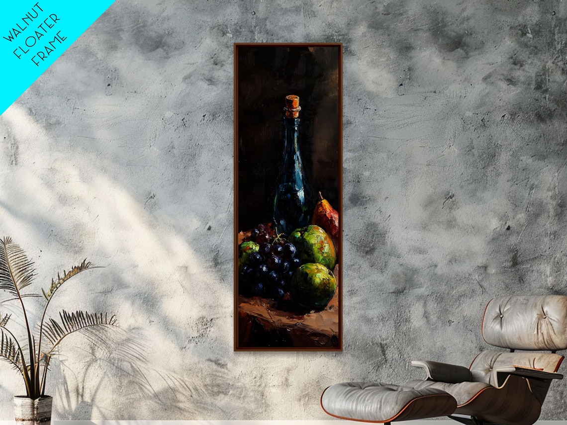 Dark Wine Bottle Grapes Pears Moody Still Life Oil Painting Poster