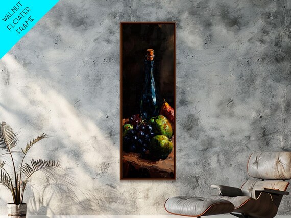 Dark Wine Bottle Grapes Pears Moody Still Life Oil Painting Poster