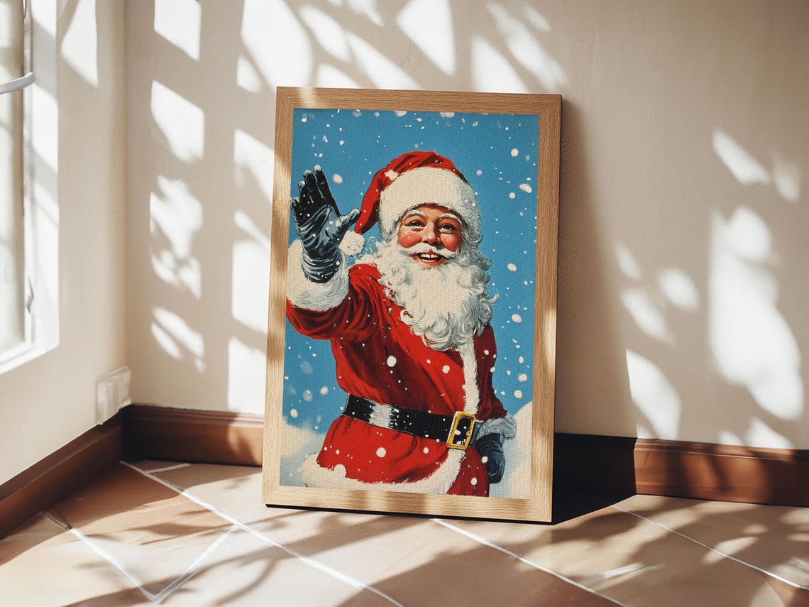 Vintage Santa Claus Waving Snow Retro Christmas Holiday Art Poster - Image 3