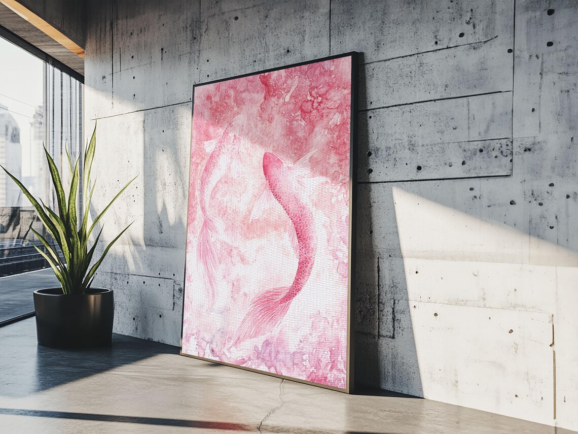 Two Pink Koi Fish Watercolor Zen Japanese Minimalist Art Print - Image 2