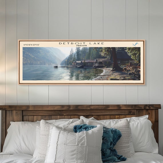 Detroit Lake Oregon Framed Print Lake House Decor Panoramic Wall Art Travel Poster Rustic Lake Painting Nature Art