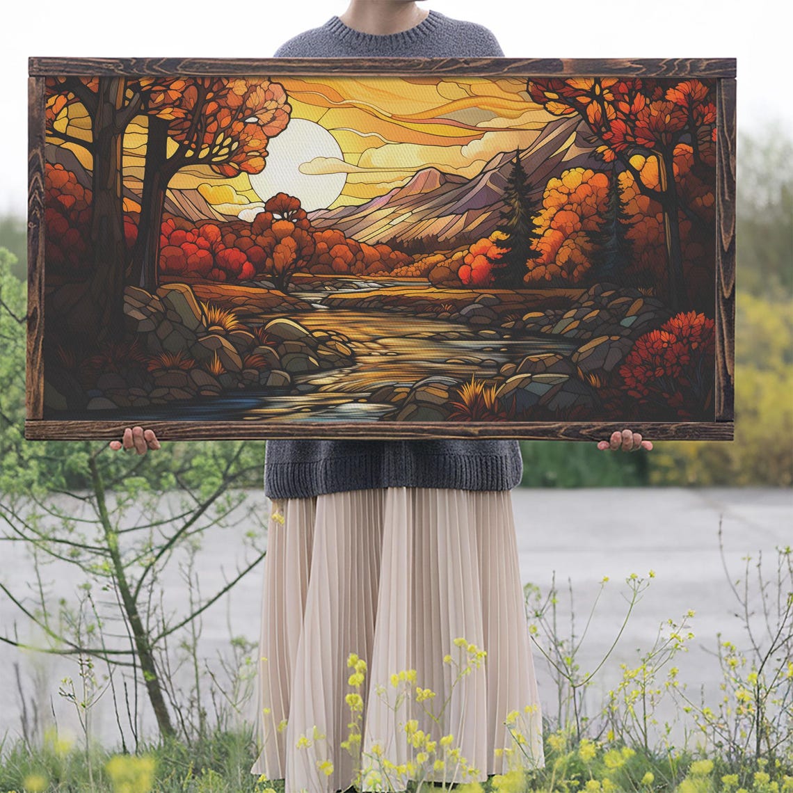 Autumn Fall Stained Glass River Valley Sunset Scenic Art Poster - Image 2