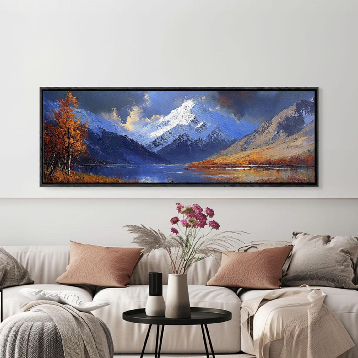 Snow Capped Mountain Lake Autumn Birch Golden Hour Landscape Poster - Image 2