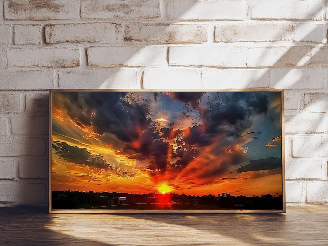 Fiery Orange Sunset Over Small Town Horizon Dramatic Sky Poster - Image 2