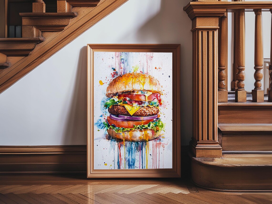 Cute Hamburger Painting, Kitchen Wall Art Print