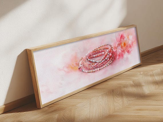 Pink Beaded Necklace Print In Whimsical Abstract Art Style Feminine Boho Decor Cottagecore Living Room Or Bedroom Wall Art