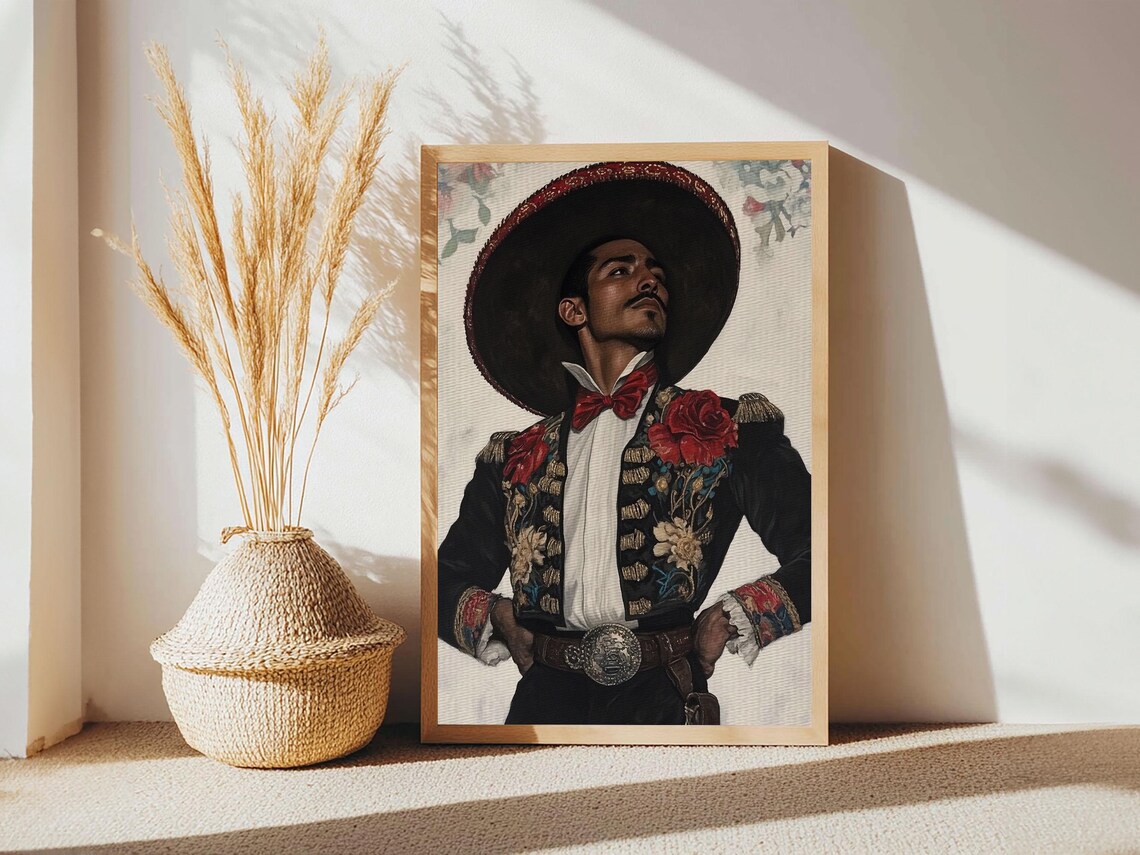 Charro Sombrero Portrait Red Bow Tie Embroidered Suit Mexican Heritage Wall Art - Image 6