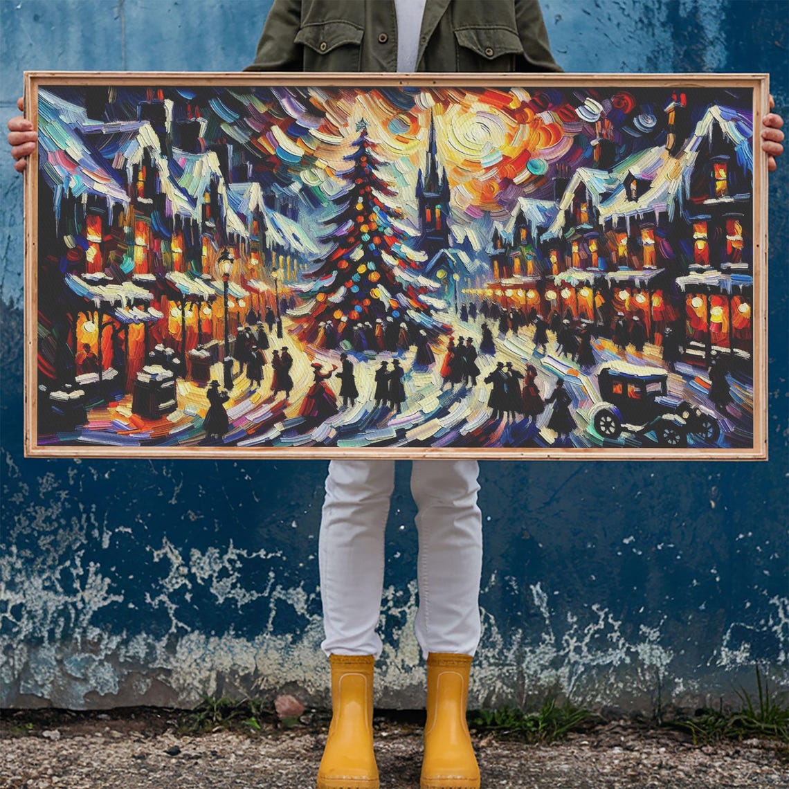 Impasto Christmas Street Crowd With Tree And Church Holiday Wall Art - Image 6