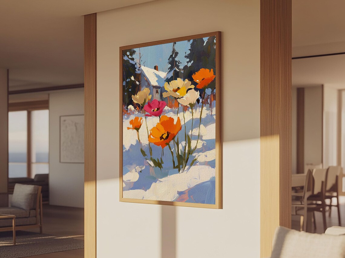 Wildflowers In Snow Orange Poppies Winter Cottage Art Poster