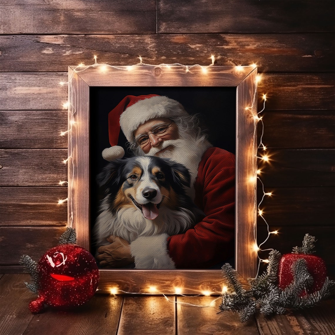 Santa Claus Cuddling Happy Australian Shepherd Christmas Poster - Image 6