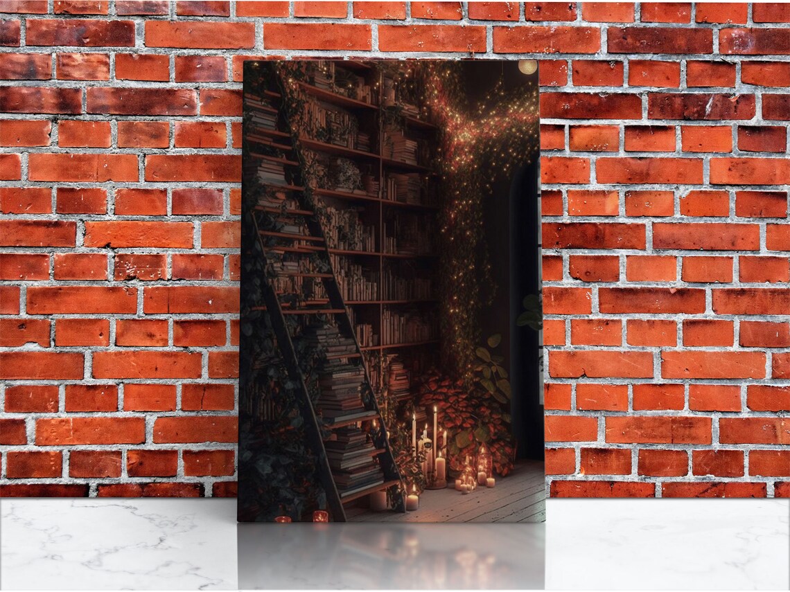 Dark Academia Moody Library Ladder Candlelit Bookshelves Art Poster - Image 4