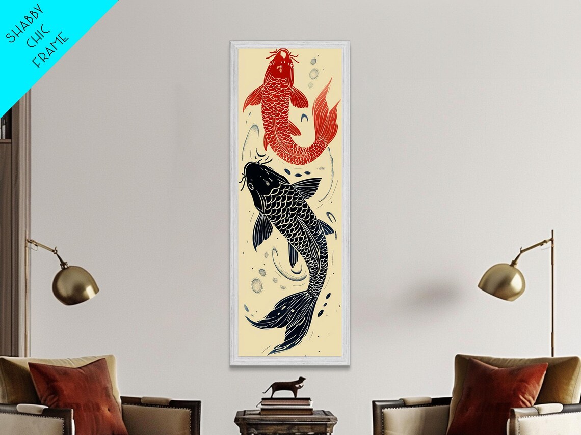Pair Of Red Black Koi Fish Minimalist Cream Tall Japanese Art Print - Image 2