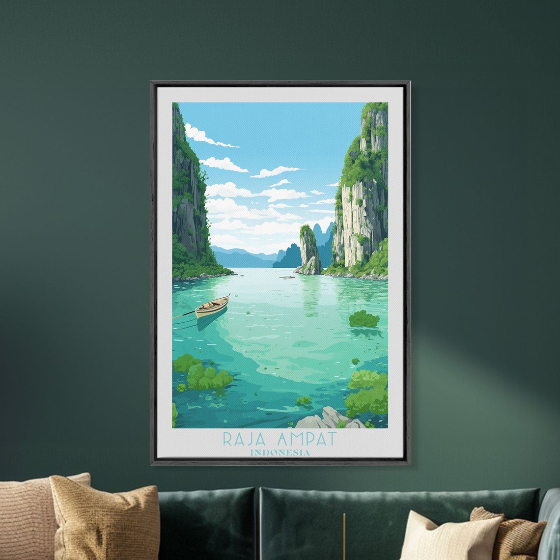 Raja Ampat Indonesia Turquoise Lagoon Karst Cliffs Boat Vintage Poster - Image 4