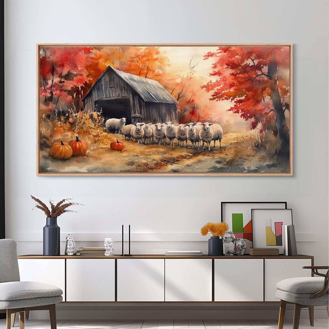 Woolly Sheep Flock By Old Barn With Pumpkins Autumn Art Print - Image 5