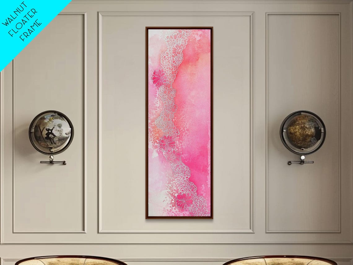 Pink Abstract Watercolor White Lace Floral Detail Vertical Wall Art - Image 5