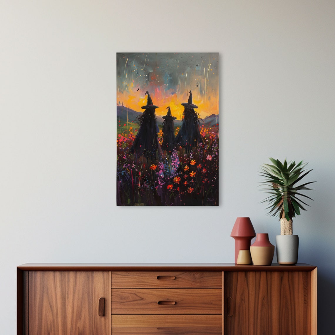 Three Witches Sunset Silhouettes Wildflower Field Painterly Poster - Image 4