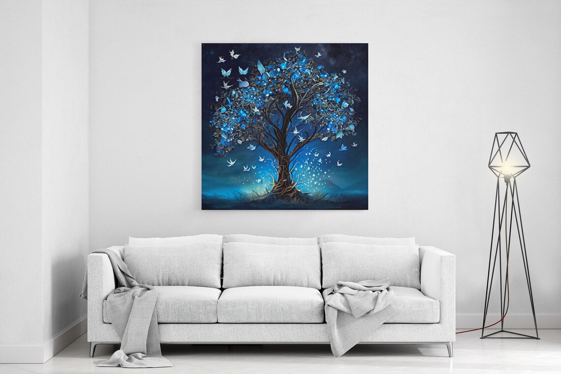 Glowing Blue Butterflies In A Fantasy Tree, Art Print - Image 6