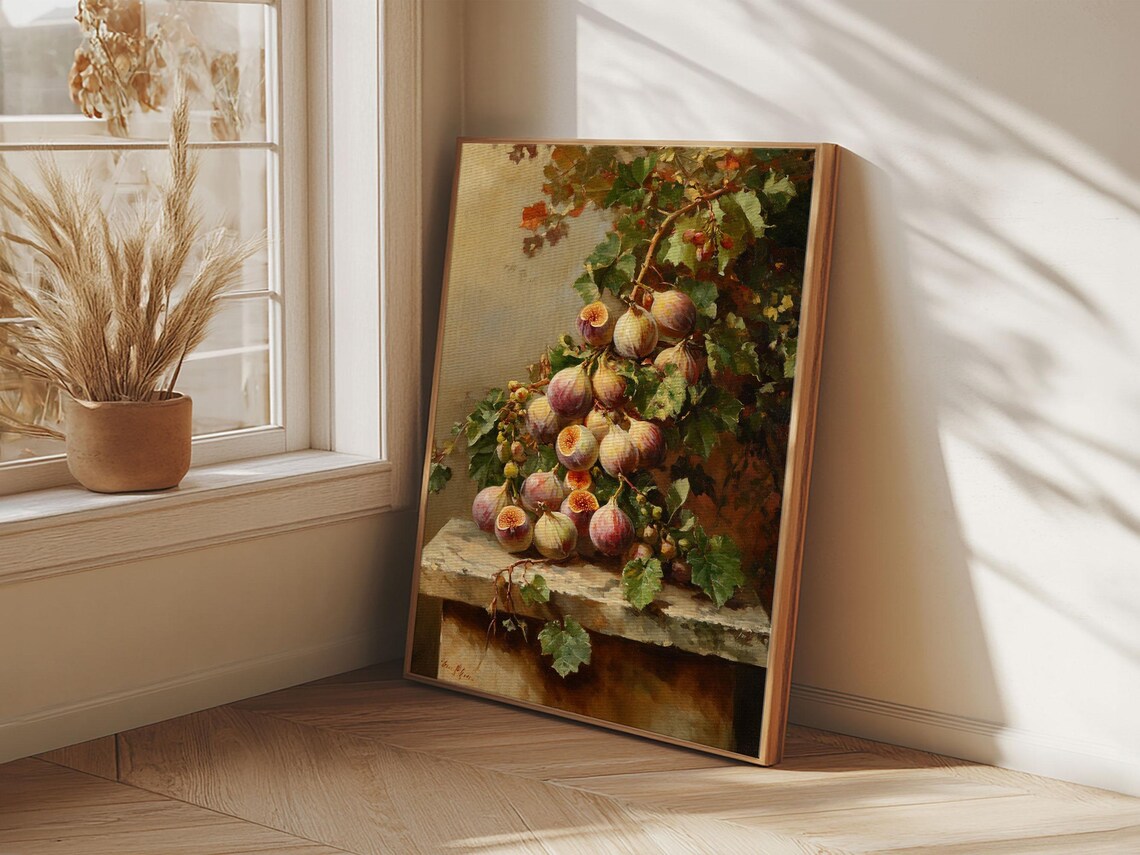 Ripe Figs on the Vine Still Life Oil Painting Kitchen Wall Art Print