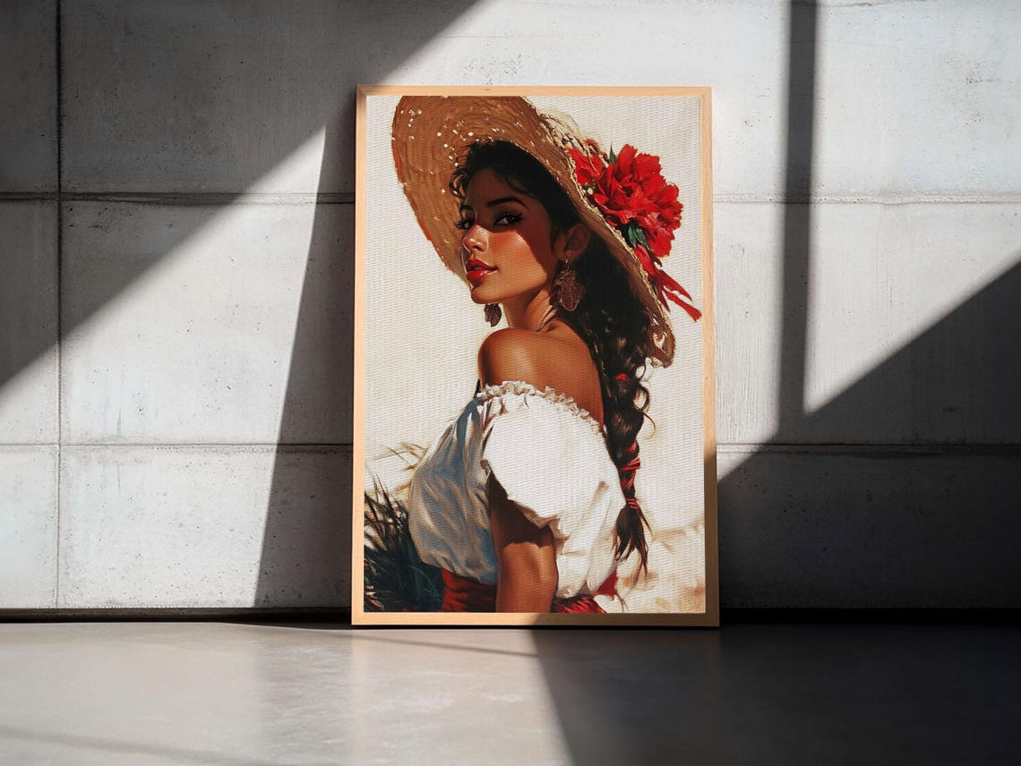 Mexican Woman Straw Hat Red Flowers Romantic Portrait Wall Art Poster - Image 4