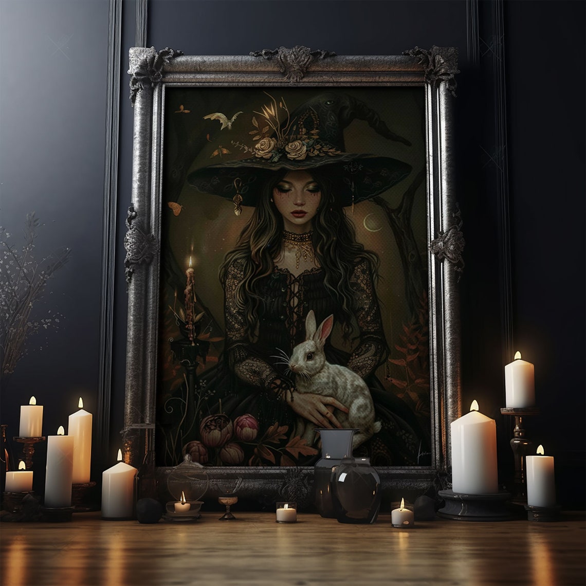 Beautiful Witch With White Rabbit Candles Enchanted Forest Art Poster - Image 5