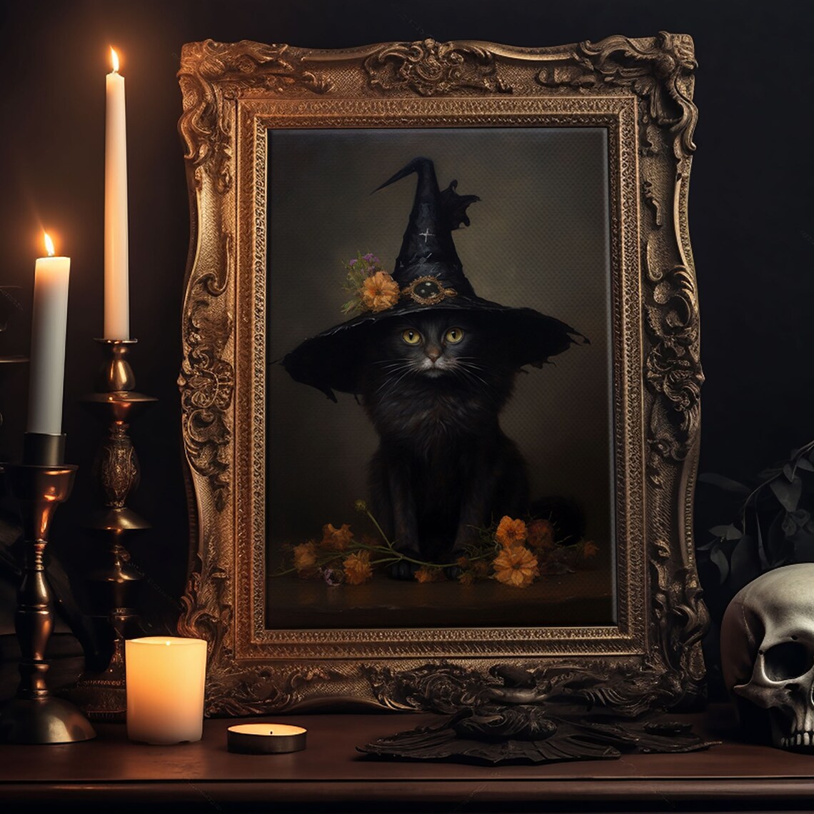 Witch Cat With Flower In Her Cap, Dark Academia Art Print