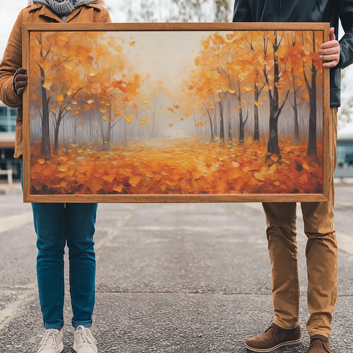 Golden Autumn Forest Falling Leaves Palette Knife Oil Painting Poster - Image 3