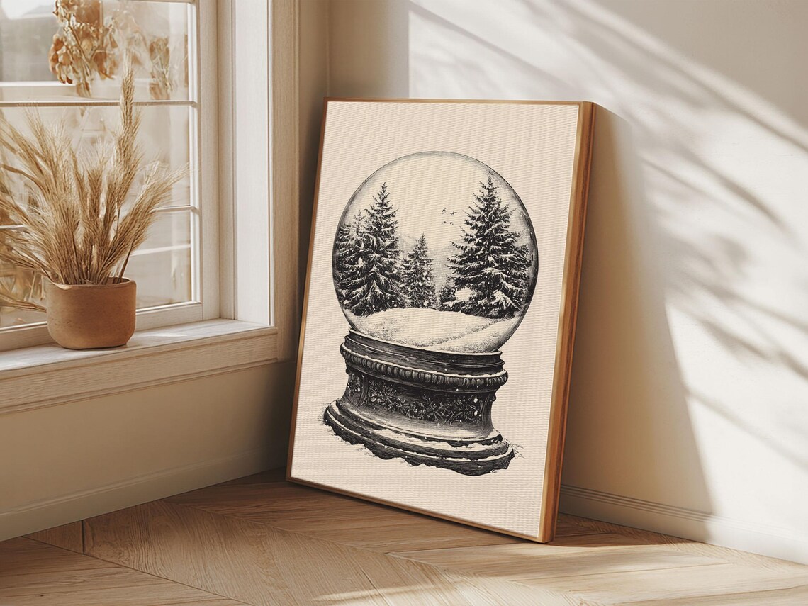 Vintage Snow Globe With Pine Trees Black Sketch Christmas Art Poster - Image 3