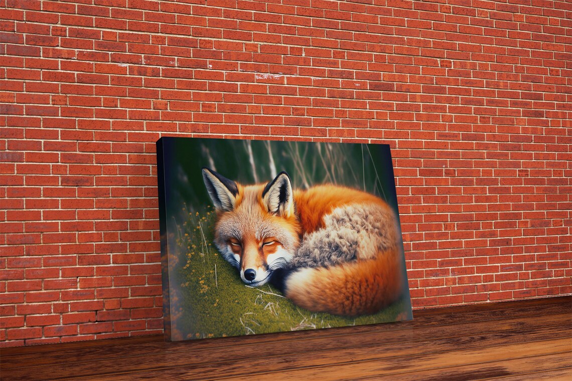 Sleeping Red Fox Curled Up On Grass Peaceful Woodland Animal Art Poster