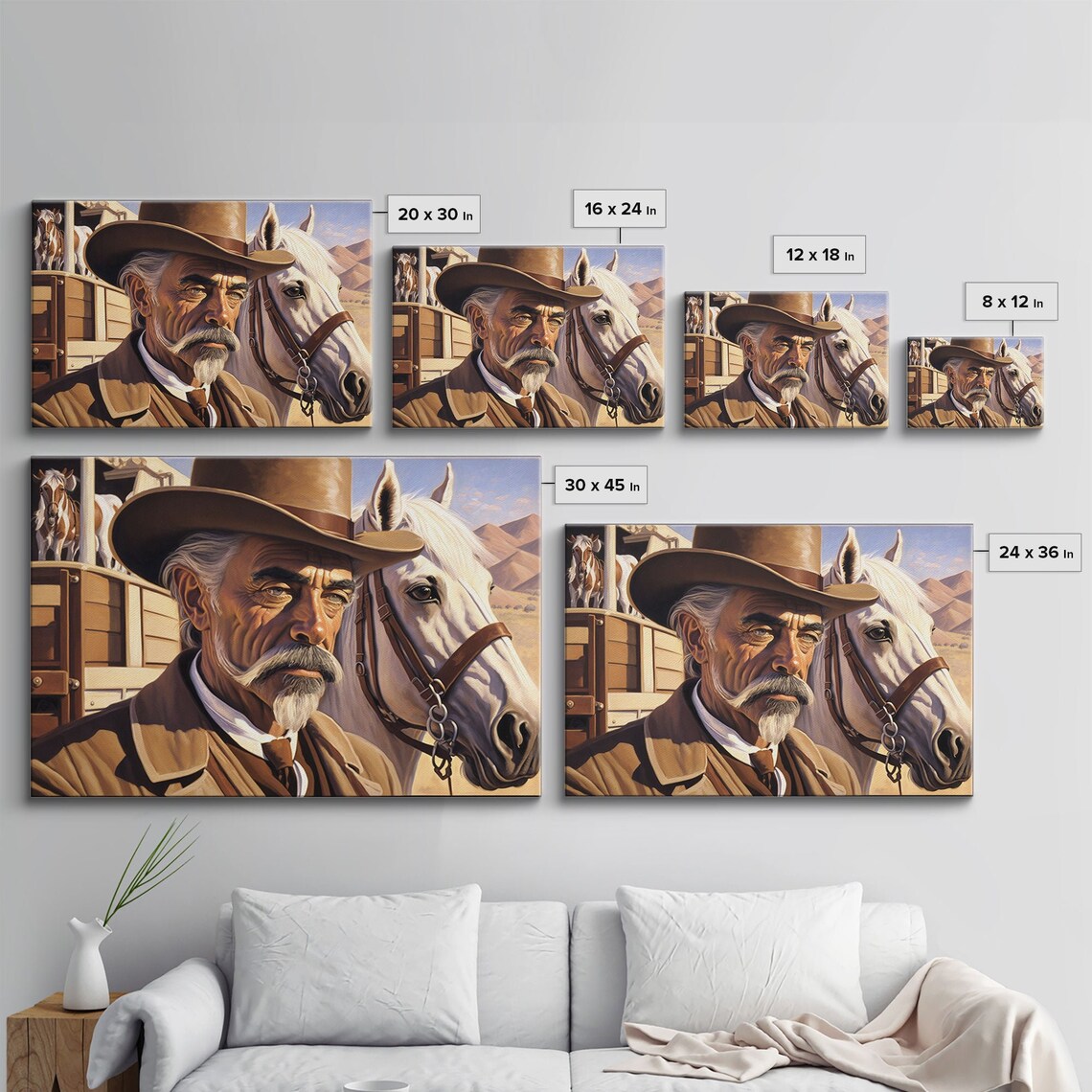 Old Cowboy Portrait White Horse Cattle Car Western Art Wall Poster - Image 2