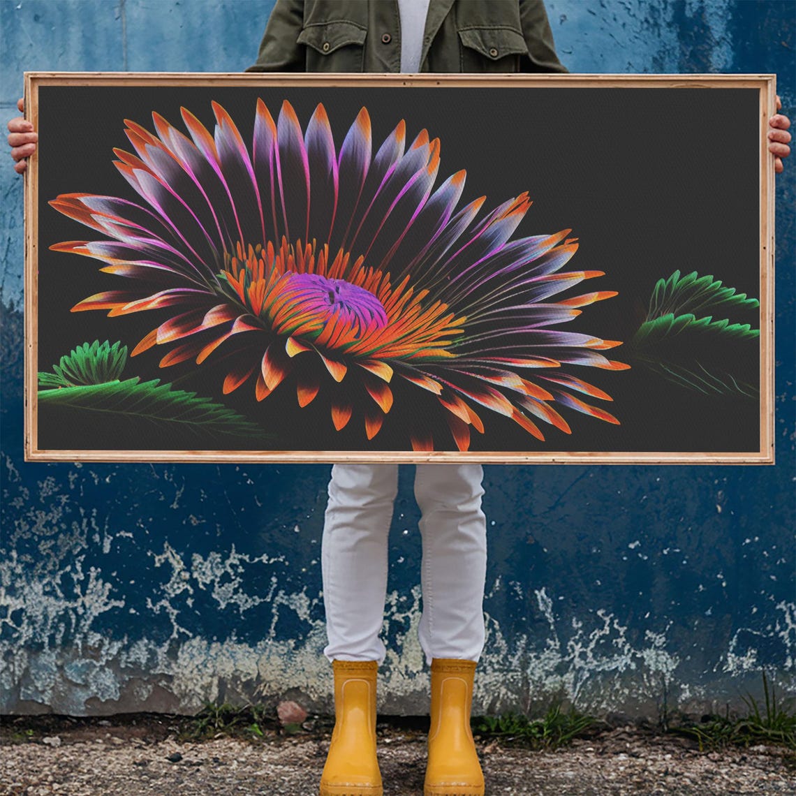 Neon Flower Blooming Dark Background Vibrant Botanical Art Wall Art - Image 6