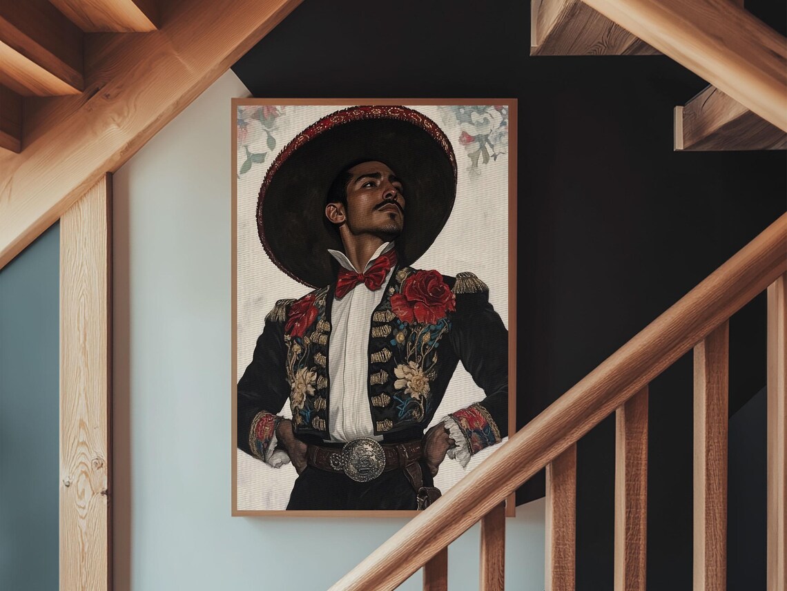 Charro Sombrero Portrait Red Bow Tie Embroidered Suit Mexican Heritage Wall Art - Image 2