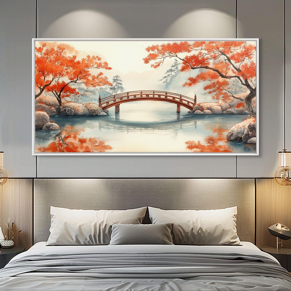 Red Arched Bridge Japanese Garden Autumn Pond Reflections Art Print - Image 4
