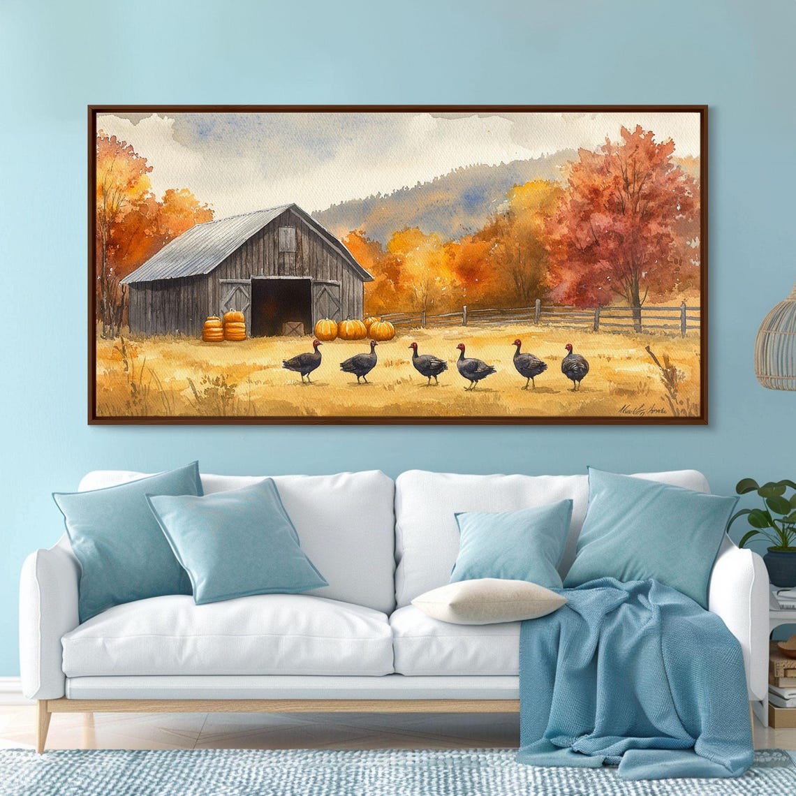 Turkeys Marching Past Rustic Barn With Pumpkins Autumn Art Print - Image 3