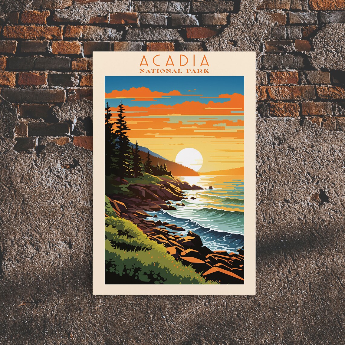 Acadia National Park Retro Travel Poster, State Park Art