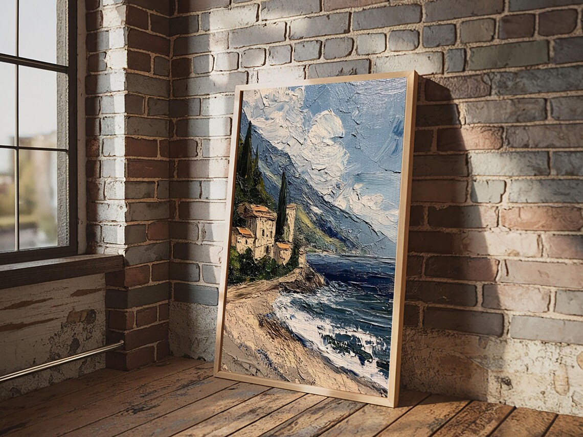 Italian Seaside Cliff Village Impasto Oil Painting Coastal Art Poster