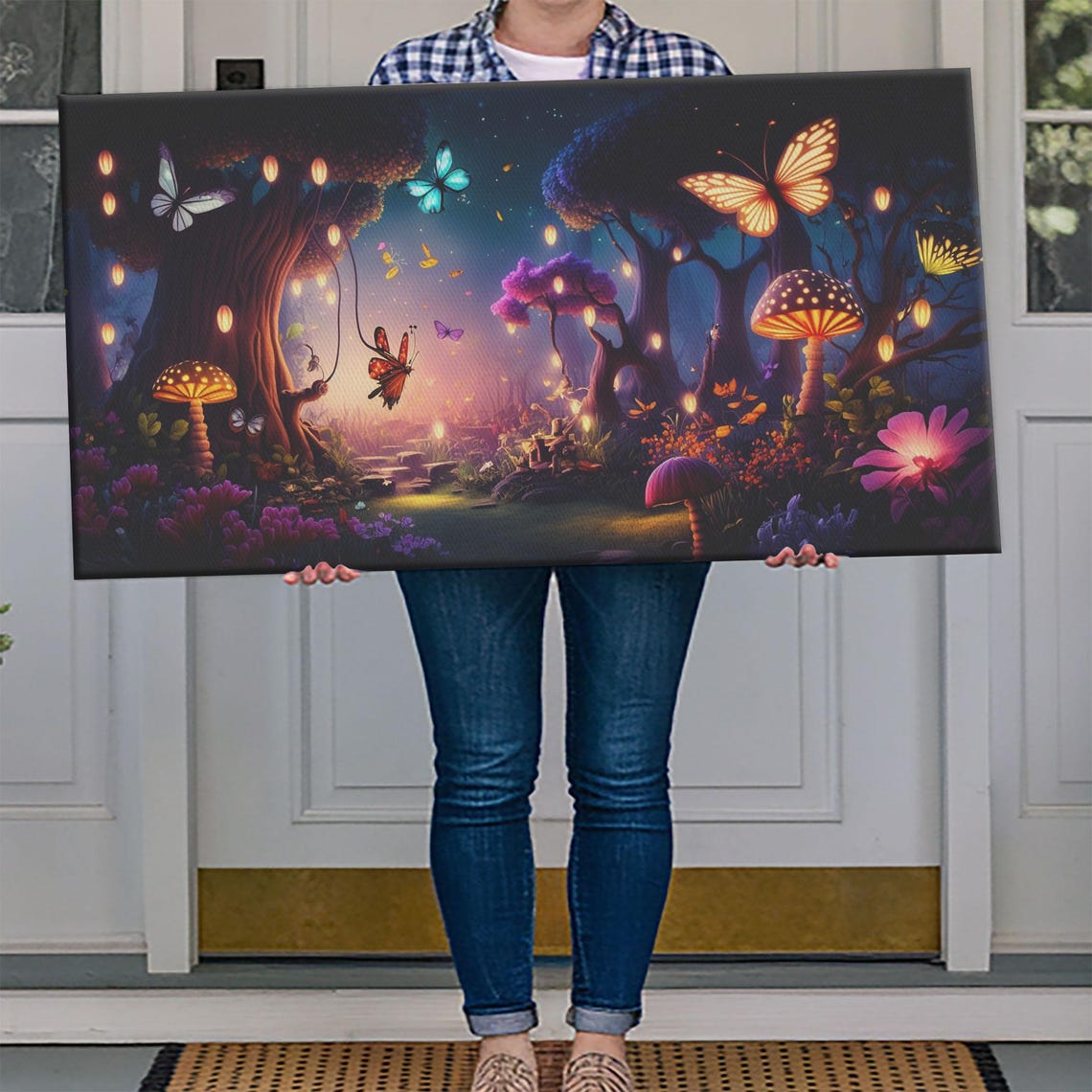 Vibrant Fantasy Forest Wall Art The Forest Floor Bioluminescent Glowing Butterflies Gift Framed Print - Image 4