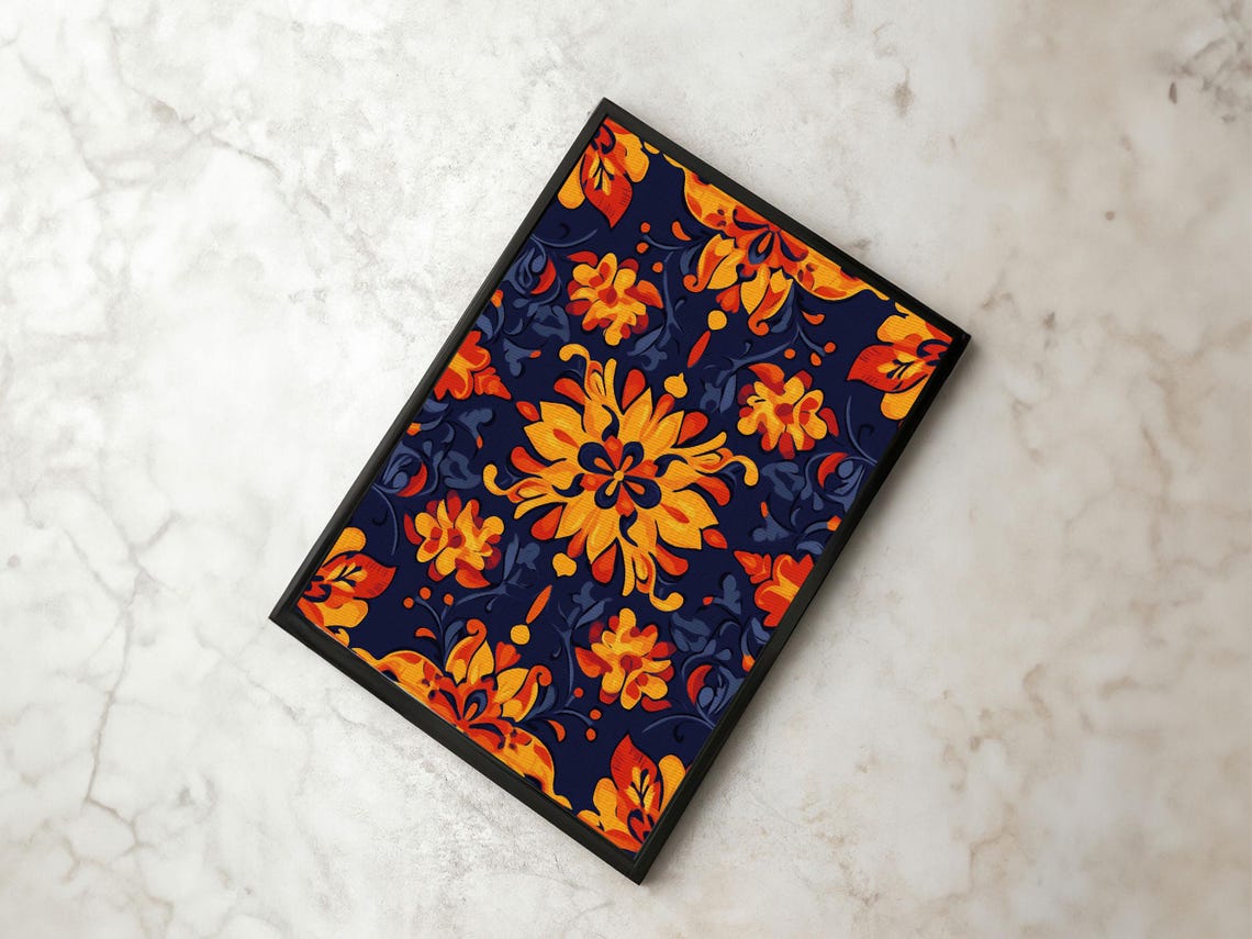 Mexican Talavera Tile Floral Pattern Bold Orange Navy Art Print