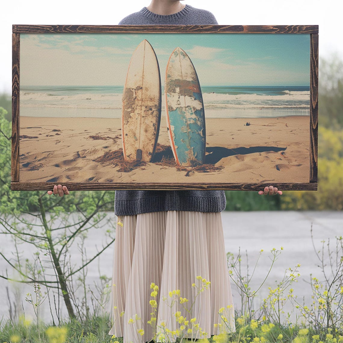 Two Weathered Surfboards Standing In Sand Beach Photo Travel Print - Image 2