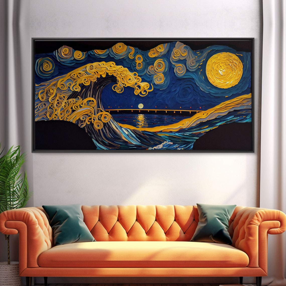 The Wave Abstract Art Framed Print Wood Framed Wall Art Gift Van Gogh Style Art Full Moon - Image 5