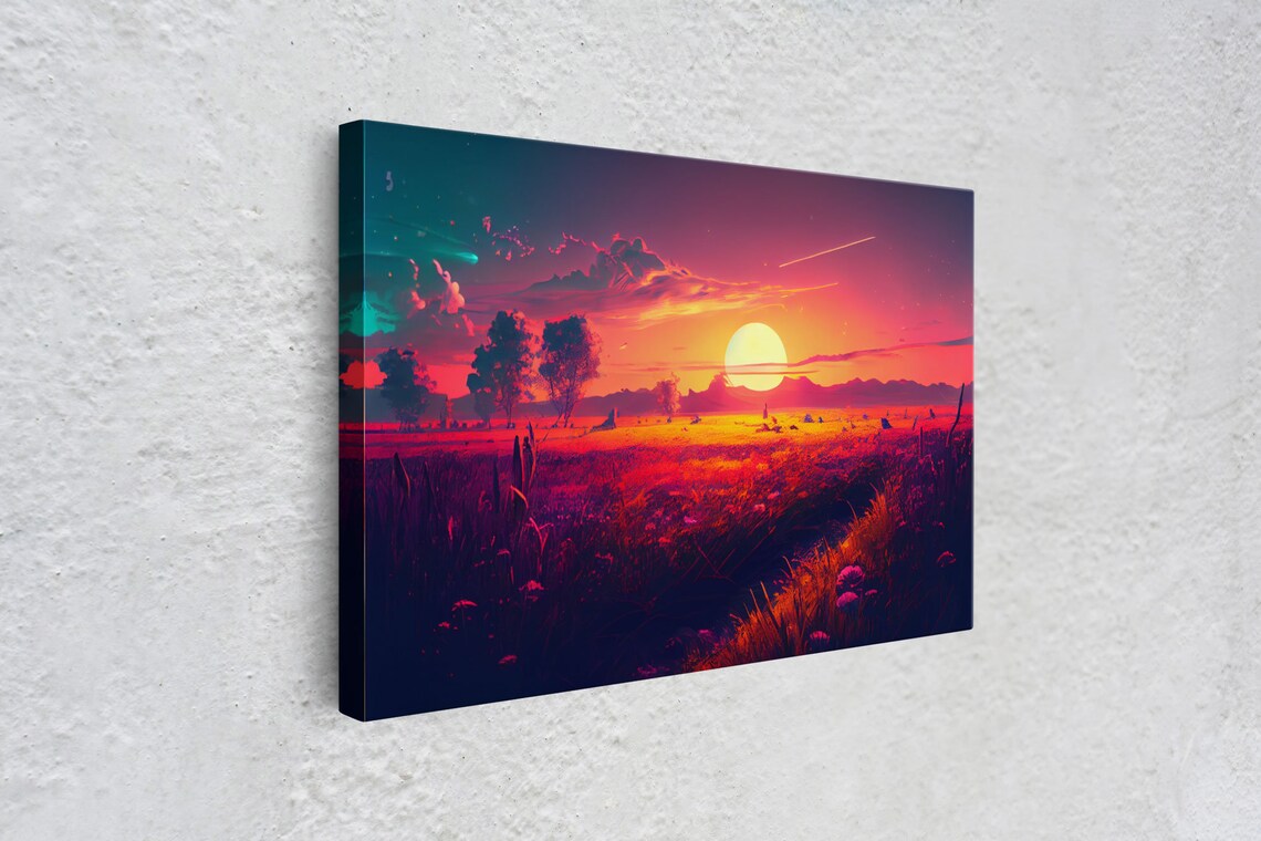 Watercolor Sunset Over Flower Field, Art Print - Image 4