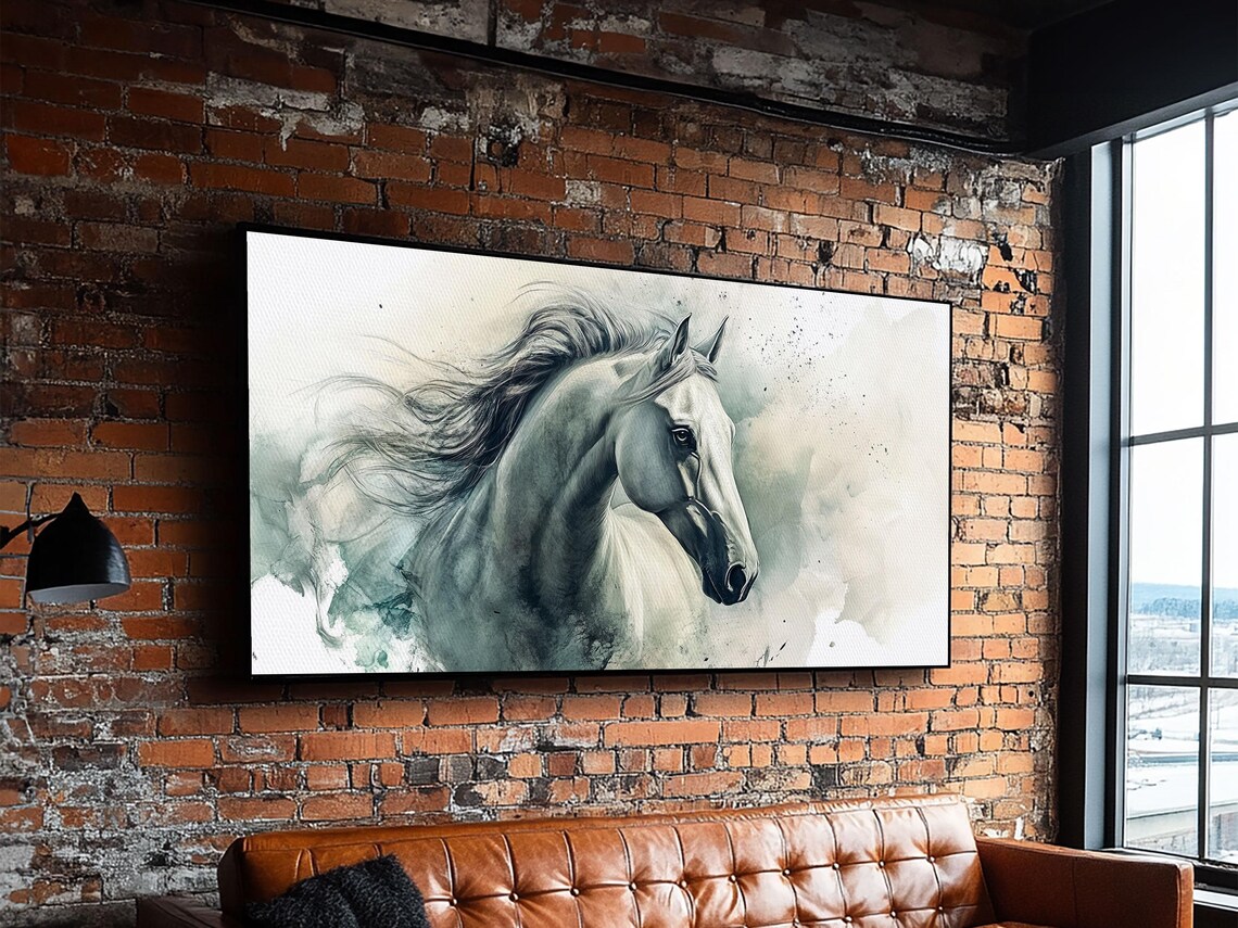 White Horse Flowing Mane Elegant Watercolor Equine Portrait Poster - Image 2