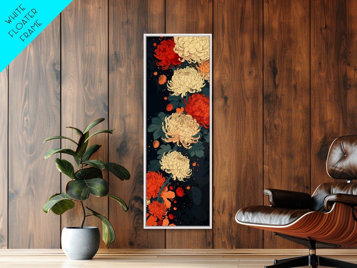 Blooming Chrysanthemums Rich Red Cream Dark Tall Floral Art Print - Image 6