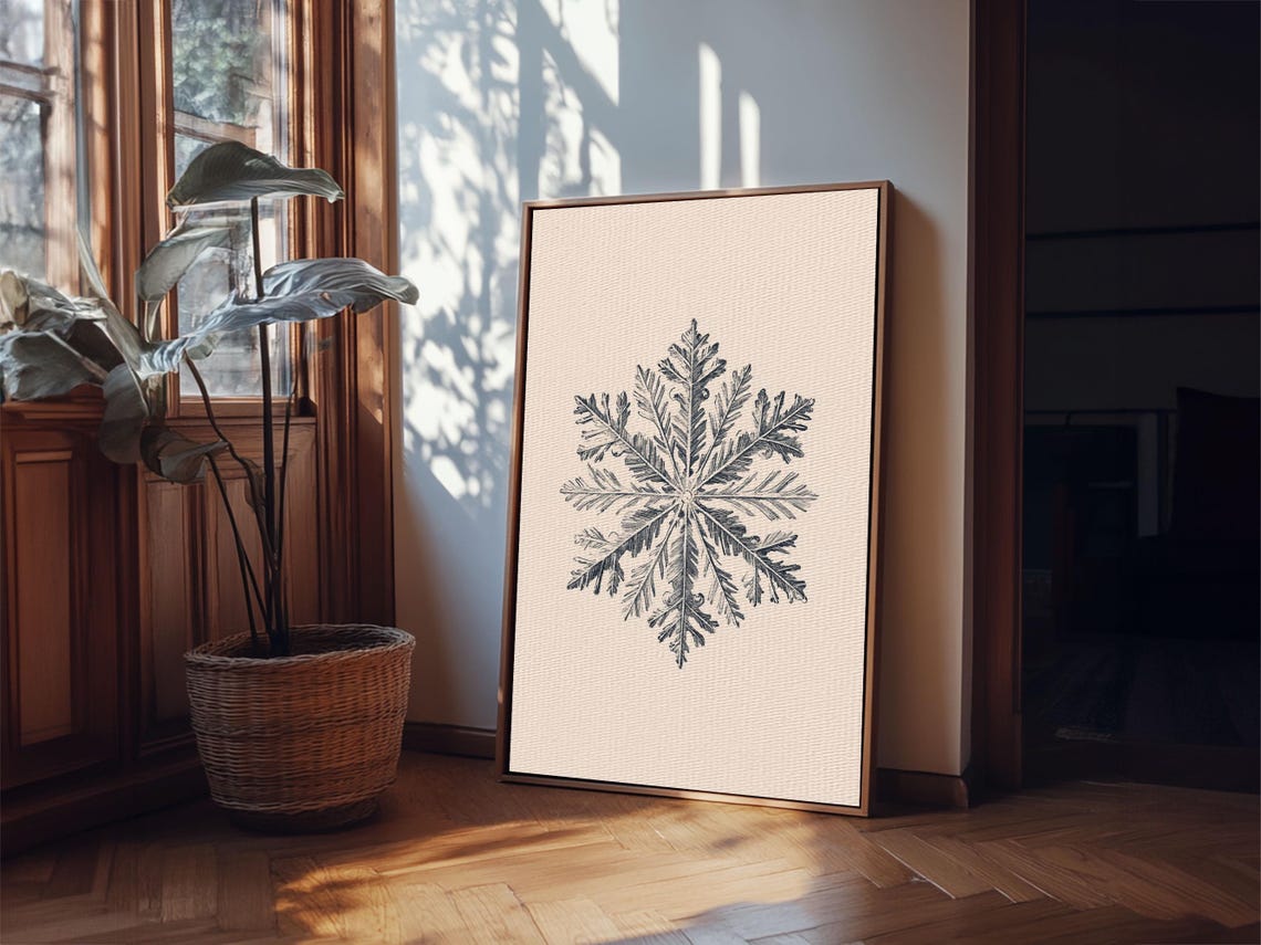 Intricate Snowflake Botanical Engraving Monochrome Winter Art Poster