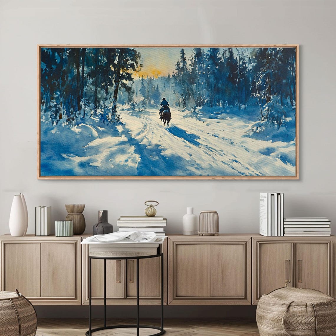 Lone Horse Rider On Snowy Forest Trail Winter Sunset Art Print - Image 3