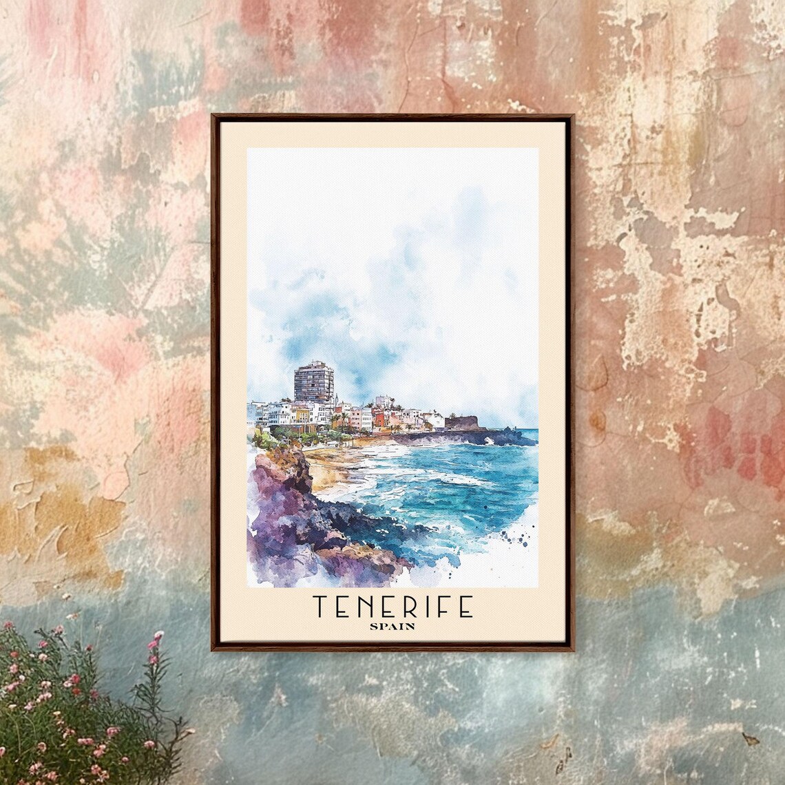 Tenerife Spain Coastal Town Rocky Cove Turquoise Sea Watercolor Poster - Image 4
