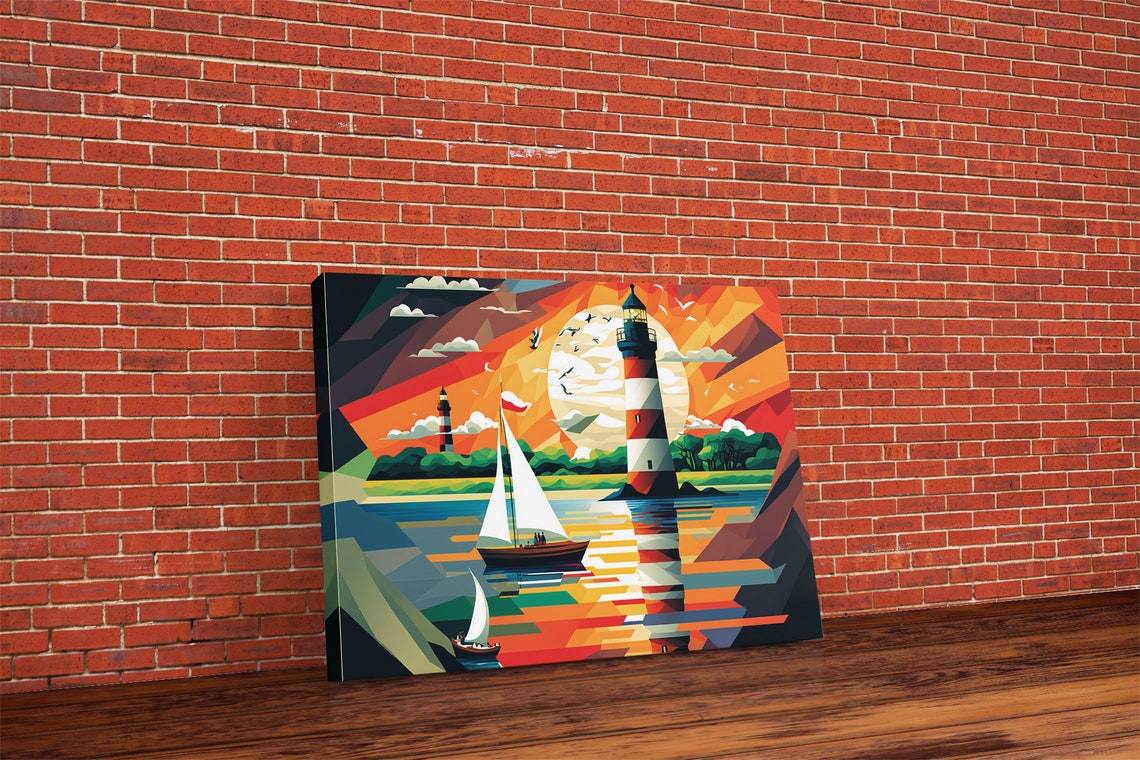 Colorful Sailboat Lighthouse Sunset Geometric Pop Nautical Art Poster - Image 5