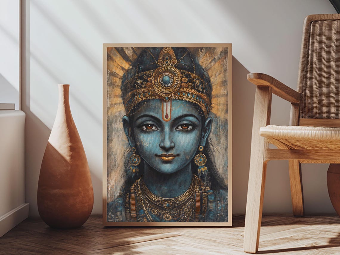 Lord Krishna Blue Deity Portrait Madhubani Style Spiritual Art Print - Image 4